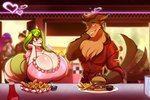 anthro big_breasts big_tail breasts brown_body brown_fur brown_hair burger chest_tuft cleavage clothed clothing diner duo female food fries fur green_hair hair heart_symbol holidays huge_breasts ketchup lips long_hair looking_at_another male male/female red_clothing red_shirt red_topwear restaurant shirt tail tail_motion tailwag thick_bottom_lip topwear tuft ooo-belise-ooo toughset valentine's_day amanda_lee_(mordecai165) victor_drew canid canine canis domestic_dog mammal nordic_sled_dog samoyed spitz wolf 2023 artist_collaboration hi_res