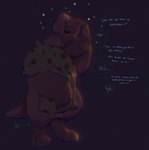 ambiguous_gender anthro cozy digitigrade eyes_closed hand_on_face holding_object holding_pillow mouthless noseless paws pillow pink_body plushie purple_background simple_background solo standing text tired blushing_yokai animate_inanimate canid canine canis domestic_dog living_plushie mammal english_text