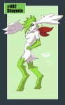 2012 anthro anthrofied biped breasts collaboration digitigrade female generation_4_pokemon green_eyes hashtag id_number legendary_pokemon looking_at_viewer mingchee nintendo nipples notorious84 nude number pinup pokemon pokemon_(species) pokemorph pose shaymin simple_background sky_forme_shaymin solo species_name standing text the_pokedex_project