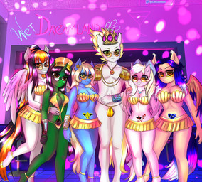 anthro crown ear_piercing female group harem headgear horn king male nightclub piercing royalty wings caliluminos hasbro my_little_pony mythology fan_character equid equine horse mammal mythological_creature mythological_equine pegasus pony unicorn absurd_res hi_res
