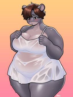 anthro belly big_breasts breasts brown_eyes brown_hair clothing collarbone dress eyebrows eyelashes female front_view grey_body hair overweight overweight_anthro overweight_female short_hair slightly_chubby solo thick_thighs translucent translucent_clothing wet wet_clothing wide_hips blazbaros aquatic desmostylian mammal 2026 3:4 hi_res