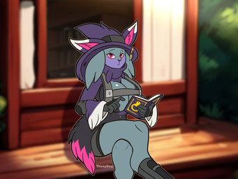 anthro big_breasts blue_body blue_fur blurred_background breasts clothed clothing cottage female fur outside palmorph partially_clothed pink_eyes sitting solo thony_dog palworld pocketpair felid feline katress mammal pal_(species) absurd_res hi_res