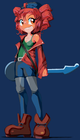 anthro breasts clothed clothing electric_guitar female guitar hair musical_instrument non-mammal_breasts plucked_string_instrument red_body red_hair red_skin shirt simple_background smile solo string_instrument tank_top topwear transparent_background yellow_eyes goshaag amphibian frog 2018 4:7 absurd_res alpha_channel hi_res