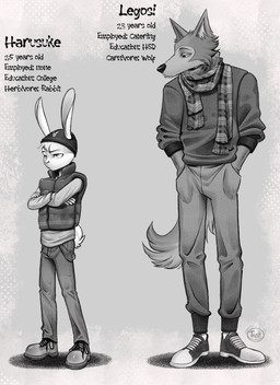 anthro beanie bottomwear clothed clothing coat crossed_arms crossgender duo footwear ftm_crossgender fur half-closed_eyes hand_in_pocket hat headgear headwear male narrowed_eyes pants pockets scarf shoes simple_background size_difference standing stated_age sweater tail text topwear white_body white_fur tush_(artist) beastars haru_(beastars) legoshi_(beastars) canid canine canis domestic_rabbit dwarf_rabbit lagomorph leporid mammal oryctolagus rabbit wolf absurd_res digital_media_(artwork) english_text hi_res monochrome