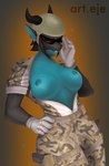 anthro armor big_breasts black_body black_skin blue_body blue_skin breasts brown_eyes brown_hair clothing eyewear female glasses gloves hair handwear headgear helmet horn military_uniform multicolored_body nipples solo two_tone_body uniform art.eje mythology jolene_(nutty_butty) dragon mythological_creature mythological_scalie scalie absurd_res hi_res