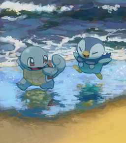 ambiguous_gender beach beak blue_body duo eyes_closed feral glistening happy looking_at_another looking_back looking_back_at_another reflection running sea shell water water_reflection aruco_coo nintendo pokemon avian bird generation_1_pokemon generation_4_pokemon penguin piplup pokemon_(species) reptile scalie squirtle turtle