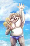 anthro belly clothing eyewear flower fur goggles hat headgear headwear male multicolored_body multicolored_fur musclegut muscular nipples one_eye_closed pawpads pecs plant scar solo speedo straw_hat sunflower swimwear two_tone_body two_tone_fur wink pinestrain lifewonders tokyo_afterschool_summoners moritaka_(tas) canid canine canis domestic_dog mammal hi_res