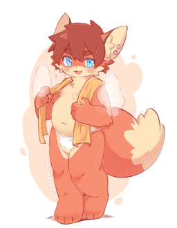 anthro barefoot blue_eyes bottomwear brown_hair clothed clothing ear_piercing feet fluffy fluffy_tail fur hair loincloth loincloth_only looking_at_viewer male nipples orange_body orange_fur piercing simple_background skimpy slightly_chubby smile solo standing steam tail topless towel wet white_body white_fur young young_anthro young_male lang_yus miles_(mileskemofox) canid canine fox mammal colored hi_res