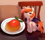 :3 bat_wings female feral furniture hair mango membrane_(anatomy) membranous_wings orange_hair plate red_eyes seat sitting smile solo table wings enderselyatdark hasbro my_little_pony fan_character bat_pony equid mammal hi_res meme