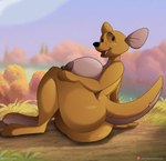 anthro big_breasts big_butt black_nose breasts brown_nipples butt female fur huge_breasts nipples nude open_mouth outdoor_nudity outside pink_tongue smile solo tan_body tan_fur tongue el-loko disney winnie_the_pooh_(franchise) kanga kangaroo macropod mammal marsupial hi_res