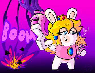 ambiguous_anthro ambiguous_feral ambiguous_gender anthro black_body blonde_hair blue_ear_piercing blue_eyes bottomless bottomless_anthro bottomless_female cellphone clothed clothed_female clothing crown ear_piercing electronics explosion eyebrow_through_hair eyebrows eyelashes featureless_crotch featureless_feet feet female female_anthro feral fur gem gradient_background group gun hair half-closed_eyes headgear holding_cellphone holding_gun holding_object holding_phone holding_ranged_weapon holding_weapon light long_ears looking_at_cellphone looking_at_object looking_at_phone midair mitten_hands multicolored_body narrowed_eyes noseless onomatopoeia phone piercing pink_clothing pink_shirt pink_topwear purple_background ranged_weapon ruby_(gem) sapphire_(gem) shirt simple_background smartphone smoke solo_focus sound_effects tan_body tan_eyelids tan_inner_ear tan_skin teeth text thin_eyebrows tooth_gap toothy_smile topwear translucent translucent_hair two_tone_body weapon white_body white_fur carbonated-jem mario_bros mario_plus_rabbids_kingdom_battle nintendo raving_rabbids rayman_(series) ubisoft rabbid_peach goomba lagomorph mammal rabbid 2023 absurd_res cel_shading colored crossover digital_drawing_(artwork) digital_media_(artwork) english_description hi_res lighting shaded