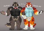 animal_genitalia anthro balls biceps bottomless bottomless_anthro bottomless_male clawd clothed clothing duo ear_piercing ear_ring fangs fur genitals horn male partially_clothed pawpads paws piercing ring_piercing scar sheath tail teeth topwear vest yellow_eyes rossciaco bruno_(rossciaco) crowvy canid canine canis mammal wolf 2025