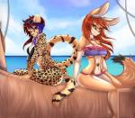 anthro beach belly belly_markings bikini boat breasts butt clothing countershading detailed_background duo eyewear female footprint fur glasses green_eyes hair long_hair markings outside pawprint pawprint_(marking) seaside sitting sun swimwear two-piece_swimsuit vehicle watercraft conditional_dnp mrawl surody_(copyright) samantha_wolf surody canid canine cheetah felid feline fennec_fox fox mammal true_fox 2016