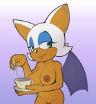 anthro areola beverage big_breasts breasts brown_nipples female genitals looking_at_viewer makeup mascara nipples nude orange_body orange_skin pussy solo tea tea_bag wings fourssss sega sonic_the_hedgehog_(series) rouge_the_bat bat mammal hi_res