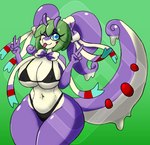 anthro big_breasts bikini blue_eyes bow_ribbon bow_tie breasts clothing female fusion gesture green_hair hair hand_gesture heart_eyes heart_symbol looking_at_viewer one_eye_closed pokemon_fusion purple_body red_spots slightly_chubby slightly_chubby_female slime solo spots swimwear tail two-piece_swimsuit v_sign wink winking_at_viewer diamond_grenadier nintendo pokemon lily_the_goodra eeveelution generation_6_pokemon goodra pokemon_(species) sylveon hi_res