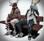 anthro bench bottomwear clothing duo footwear gradient_background hoodie jacket looking_at_another male pants plantigrade simple_background socks thermos topwear angiewolf deer mammal 2022