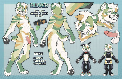 anthro balls chastity_cage chastity_device clothed clothing collar erection fake_ears fake_rabbit_ears fangs front_view fur genitals green_body green_eyes green_fur humanoid_genitalia humanoid_penis latex latex_clothing looking_at_viewer male male_anthro nude nude_anthro nude_male partially_clothed partially_clothed_anthro partially_clothed_male pawpads penis pink_penis rear_view sabertooth_(anatomy) smile solo standing striped_body striped_fur stripes tail tan_body tan_fur teeth unsupported_chastity_cage white_body white_fur tozzmutt oliver_(sleepyhyena) felid hybrid mammal pantherine prehistoric_species saber-toothed_tiger tiger absurd_res bust_portrait hi_res model_sheet portrait