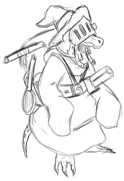 backpack belt clothing hat headgear headwear map scales simple_background snout solo wizard_hat unknown_artist kobold scalie black_and_white monochrome