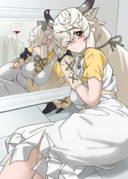 accessory animal_ears bangs black_clothing black_gloves black_handwear blush bovid_horn bow_accessory bow_ribbon breasts brown_eyes clothing container cup dress drinking_glass eyebrow_through_hair eyebrows eyelashes fair_skin female floor glass glass_container glass_cup glistening glistening_eyes gloves grey_horn hair hair_accessory hair_bow hair_over_eye hair_ribbon hair_tie hand_covering handwear horn human_ears inside interior_background long_dress long_hair looking_at_viewer lying medium_breasts mirror mirror_reflection multi_ear multicolored_clothing on_ground on_side one_eye_obstructed reflection ribbons simple_background solo tied_hair tile tile_floor translucent translucent_hair white_background white_clothing white_dress white_hair wine_glass tanabeai kemono_friends yak_(kemono_friends) animal_humanoid bovid bovid_humanoid bovine bovine_humanoid humanoid mammal mammal_humanoid yak colored digital_drawing_(artwork) digital_media_(artwork) half-length_portrait hi_res portrait shaded