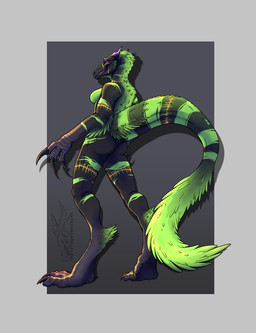 anthro big_tail breasts claws feathers female non-mammal_breasts sharp_teeth simple_background solo standing tail teeth toe_claws neonpeppermint the_isle chemical_hazard dinosaur feathered_dinosaur feathered_scalie megaraptor megaraptorid prehistoric_species reptile saurischian scalie theropod hi_res