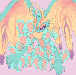 ambiguous_gender anthro antlers arm_grab big_ears biped bipedal_feral black_sclera blush blush_lines bodily_fluids carrying_another chest_tuft clone colored_nails confusion countershading falling feral fingernails fluffy fluffy_tail fur group head_wings headpat horn hug huge_wings looking_at_another mouthless multicolored_body multicolored_eyes multicolored_fur nails neck_tuft notched_ear on_head orange_body orange_fur pink_background pink_eyes pupils purple_fingernails purple_nails semi-anthro simple_background size_difference sweat sweatdrop tail tan_body tan_fur teal_body teal_eyes teal_fur three-quarter_view tuft unusual_wing_placement wings hanada03 kirby_(series) nintendo elfilin fecto_elfilis alien chinchilla chinchillid mammal rodent starling_(kirby) 2022 digital_drawing_(artwork) digital_media_(artwork) hi_res japanese_description portrait signature three-quarter_portrait male_(lore)