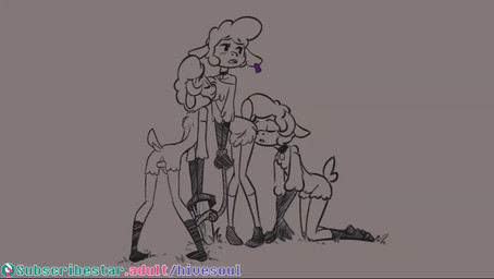 anthro bdsm blush bodily_fluids bondage bound choker clothing ear_piercing female genital_fluids genitals group jewelry kneeling male male/female necklace nervous penis piercing precum slave sniffing tail teeth tongue trio young young_female soulcentinel droopy_(series) metro-goldwyn-mayer sheep_wrecked leggy_lamb bovid caprine mammal sheep 2026 animated hi_res no_sound short_playtime video