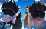 4_toes anthro black_pawpads blue_sky building city cityscape claws duo feet foot_focus imminent_crush landscape_dwarfing looking_at_viewer looming looming_foot macro male pawpads paws sky soles stomping tail toes jazzumi sylox canid canine canis domestic_dog husky mammal nordic_sled_dog spitz wolf