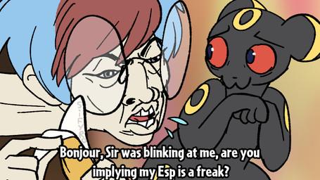 annoyed banana blue_hair bodily_fluids duo eyewear female feral food fruit glasses grey_eyes hair holding_banana humor male peeling_fruit plant red_eyes red_hair saliva scared teeth blitzdrachin conditional_dnp human_centipede nintendo pokemon red_flags_(tom_cardy) penny_(pokemon) eeveelution generation_2_pokemon human mammal pokemon_(species) umbreon 16:9 meme widescreen