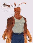 2023 ant antennae_(anatomy) anthro arthropod belt blue_clothing bottomwear clothed clothing fire_ant front_view fully_clothed hi_res hymenopteran insect kogito male mandibles multi_arm multi_limb muscular muscular_anthro muscular_male pants shirt simple_background solo standing tank_top topwear white_clothing