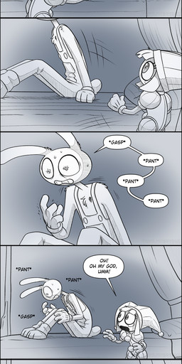 anthro bodily_fluids clothed clothing duo female jester lying male nervous on_back panicked_look panicking scared sitting sweat text wide_eyed wounded absolutedream glitch_productions the_amazing_digital_circus jax_(tadc) pomni_(tadc) human lagomorph leporid mammal rabbit absurd_res comic english_text hi_res long_image tall_image