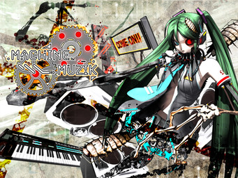 3_fingers abstract_background accessory arm_tattoo black_bottomwear black_clothing black_shirt black_skirt black_topwear blue_eyes blue_necktie bone bone_arm bottomwear clothed clothing cosplay electronic_musical_instrument electronics female fingers gear glowing glowing_eyes headphones looking_at_viewer machine mechanical_arm musical_instrument navel necktie not_furry open_clothing open_shirt open_topwear red_eyes shirt skirt solo synthesizer tattoo text topwear deino_(artist) vocaloid yamaha_corporation calne_ca hatsune_miku nato-kun television_(deino) arthropod crustacean humanoid isopod malacostracan robot robot_humanoid 2009 3d_(artwork) 4:3 autodesk_3ds_max_(artwork) digital_media_(artwork) english_text