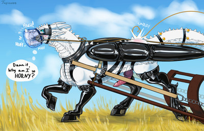 animal_genitalia armwear bdsm bell blinders blue_eyes blush bondage bondage_gear bondage_gloves boots bound bridle bullwhip chest_harness clothing cloud cuff_(restraint) eyewear farm feral field footwear fur genital_slit genitals handwear harness hoof_boots hoof_gloves knot knotted_penis latex latex_armwear latex_clothing latex_handwear latex_legwear latex_stockings legwear lock male muzzle_(object) open_mouth outside padlock penis petplay plant plastic_muzzle ponyplay reins restraints roleplay shoes sky sled sled_harness solo sound_effects speech_bubble stockings tail text tongue tongue_out whip whip_mark white_body white_fur wings_tied jupizoro mythology seti dragon mythological_creature mythological_scalie scalie english_text hi_res