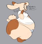 anthro belly big_belly big_butt bulge butt cellulite clothing dialogue femboy fluffy male overweight overweight_anthro overweight_male side_view solo tail tail_motion tail_tuft tailwag text thick_thighs tuft lopsalien ramsey_(lopsalien) lagomorph leporid mammal rabbit english_text