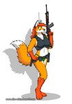 anthro bottomwear breasts bulletproof_vest butt canid canine canis claws clothed clothing dipstick_tail doc_nickel female fox fur galil gloves_(marking) green_eyes gun hair hand_on_hip holding_gun holding_object holding_ranged_weapon holding_rifle holding_weapon inner_ear_fluff looking_at_viewer mammal markings midriff navel orange_body orange_fur panties ranged_weapon red_fox red_hair rifle sandy_(the_whiteboard) simple_background skimpy solo tactical_gear tail tail_markings text the_whiteboard toe_claws topwear trigger_discipline true_fox tuft underwear url weapon white_background