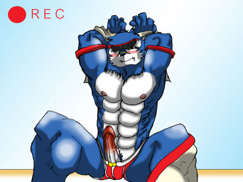 abs anthro biceps big_muscles biped black_eyes black_nose blue_body blue_fur blush bound boxer_briefs camera_view clothing erection fur genitals looking_at_viewer male muscular muscular_anthro muscular_male nipples penis penis_poking_out recording red_clothing red_underwear sitting solo submissive submissive_male underwear shinobiya bandai_namco digimon mythology canid canine digimon_(species) machgaogamon mammal mythological_canine mythological_creature werecanid werecanine werecreature werewolf 2011
