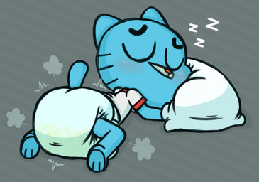 anthro big_diaper blue_body blue_fur blue_tail blush bodily_fluids clothing diaper eyebrows fur furgonomics genital_fluids grey_background lying male on_front pattern_background pillow pointy_ears poof_effect prick_ears raised_eyebrows shirt simple_background sleeping solo sound_effects striped_background t-shirt tail text topwear unclean_diaper urine urine_stain used_diaper vowelless vowelless_sound_effect wet_diaper wetting white_clothing white_diaper white_pillow white_shirt white_t-shirt white_text white_topwear young young_anthro young_male zzz tenerius cartoon_network the_amazing_world_of_gumball gumball_watterson domestic_cat felid feline felis mammal 2022 hi_res
