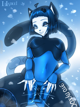 anthro blue_body blue_eyes blue_hair bodily_fluids bodysuit breasts clothed clothing ejaculation female fingers genital_fluids genitals hair latex looking_at_viewer machine makeup short_hair simple_background skinsuit smile snow solo tail teeth text tight_clothing vaginal_fluids vaginal_squirting vulva white_body laladeei android domestic_cat felid feline felis mammal robot absurd_res digital_media_(artwork) hi_res russian_text