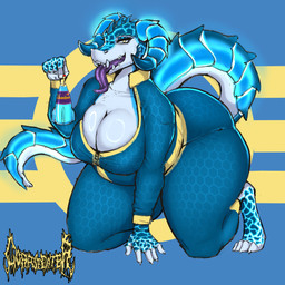 anthro big_breasts big_butt blue_clothing bottle breasts butt claws clothed clothing container female glowing holding_object horn looking_at_viewer nuka-cola_quantum simple_background solo tail teeth thick_thighs tongue tongue_out corpse_eater fallout microsoft deathclaw scalie 1:1 absurd_res digital_media_(artwork) hi_res