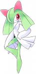 breasts female green_hair hair hair_over_eye not_furry one_eye_obstructed red_eyes simple_background slim small_breasts solo standing thin_calves thin_legs thin_thighs white_background oyatsu nintendo pokemon generation_3_pokemon humanoid kirlia pokemon_(species) full-length_portrait portrait