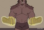 2021 absurd_res anthro briefs brown_body brown_fur brown_nipples brown_nose canid canine clothing digital_media_(artwork) fur grin growth hi_res magic male mammal melaisen muscle_growth muscular muscular_anthro muscular_male nipples smile solo underwear