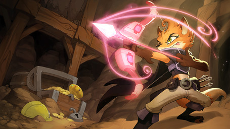 anthro armor arrow_(weapon) barefoot bow_(weapon) clothing detailed_background feet female hard_hat headgear helmet ranged_weapon solo treasure treasure_chest weapon garrett_hanna rivals_of_aether fleet_(dungeons_of_aether) canid canine fox mammal hi_res official_art