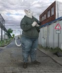 anthro blonde_hair bottomwear building camera clothed clothing cloud denim denim_bottomwear denim_clothing detailed_background footwear fully_clothed fur grass hair hairless holding_camera holding_object hoodie jeans jumper looking_up male outside overcast overweight overweight_anthro overweight_male pants pipe plant road road_sign shoes shrub sign sky solo standing street_lamp tail text topwear torn_clothing tree white_body white_fur cettus hakon_brandvold domestic_cat felid feline felis hairless_cat mammal peterbald 2024 german_text hi_res translated