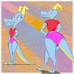 2_horns anthro athletic_wear blue_body blue_scales bottomwear butt claws clothed clothing female fully_clothed gym_bottomwear gym_shorts hand_on_hip horn scales shorts smile solo tight_clothing wide_hips burgerpocalypse kobold scalie 1:1 absurd_res hi_res