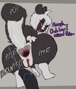 after_anal anal anthro anus butt color_coded_text dark_body dialogue dildo dildo_insertion dildo_sitting fart female gape_fart gaping gaping_anus holding_butt multicolored_body penetration purple_eyes sex_toy sex_toy_insertion solo tail text two_tone_body trufzn samantha_(bateryne) mammal mephitid skunk english_text