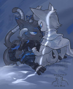 ambiguous_gender anthro armor bandage bandaged_chest bandaged_ear bandaged_leg bandaged_tail bed_sheet bedding bedroom_eyes belt black_clothing blue_eyes blue_markings blush cloak cloak_only clothing duo eye_patch eyewear fur gauntlets gloves glowing glowing_markings grey_body grey_fur hair hand_holding handwear head_tuft long_hair looking_at_another markings narrowed_eyes open_mouth pawpads seductive short_hair sitting smile smirk tail text tuft white_body white_clothing white_fur duki2585 u-naduki ponos_corp. the_battle_cats d'arktanyan_(the_battle_cats) d'artanyan_(the_battle_cats) domestic_cat felid feline felis mammal hi_res japanese_text