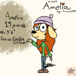 anthro black_eyes black_nose clothing description female gesture green_clothing hair looking_at_viewer red_hair simple_background smile solo text waving waving_hand yellow_body firenox1559 amelia_(firenox1559) bird_dog canid canine canis domestic_dog golden_retriever hunting_dog mammal retriever 1:1 english_text hi_res model_sheet