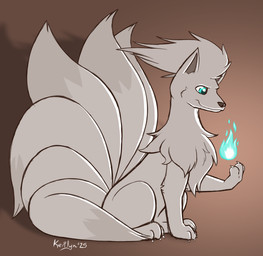 ambiguous_gender fire fluffy fluffy_chest fluffy_tail gradient_background head_fluff magic multi_tail paws raised_paw shadow simple_background smile solo tail kerilyn nintendo pokemon canid generation_1_pokemon mammal ninetales pokemon_(species) 2025 hi_res