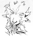 anthro bodily_fluids claws cum cum_drip cum_in_mouth cum_inside dripping duo ejaculation fellatio genital_fluids holding_chest male male/male oral penile ring saliva sex shaking smile swallowing teeth tongue trembling saveslot guild_wars charr felid mammal hi_res monochrome