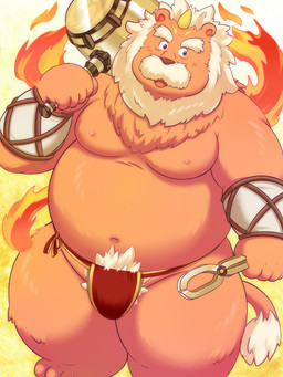 anthro asian_clothing belly clothing east_asian_clothing fire fundoshi hammer humanoid_hands japanese_clothing male moobs navel nipples overweight overweight_anthro overweight_male solo tools underwear lako asian_mythology east_asian_mythology japanese_mythology mythology kajin_(mythology) felid lion mammal pantherine 2015 3:4 hi_res