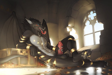 abs anklet anthro athletic balls barbel_(anatomy) blue_eyes bodily_fluids bracelet claws erection fangs fur genitals glans horn humanoid_genitalia humanoid_penis inside jewelry looking_at_viewer looking_pleasured lounging male masturbation membrane_(anatomy) membranous_wings muscular navel nude pawpads pecs penile penile_masturbation penis saliva saliva_on_tongue solo tail teeth toe_claws tongue tongue_out treasure treasure_chest wings fluffyw0lf mythology sylar_blackwhitedragon dragon furred_dragon furred_scalie mythological_creature mythological_scalie scalie digital_drawing_(artwork) digital_media_(artwork) hi_res